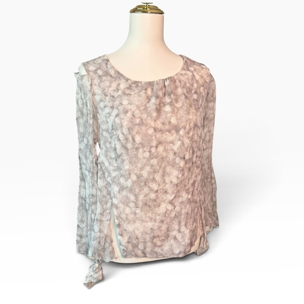 Joy Cioci New York Open Back Sheer Peplum Blouse Rhinestone Cuff Lavender Grey L